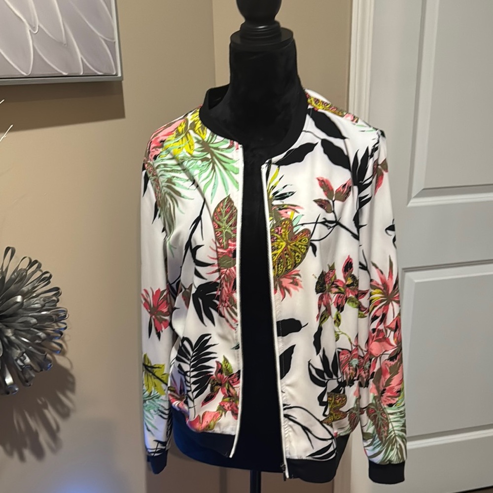 New York & Company Pink and White Bomber Jacket with Floral Print